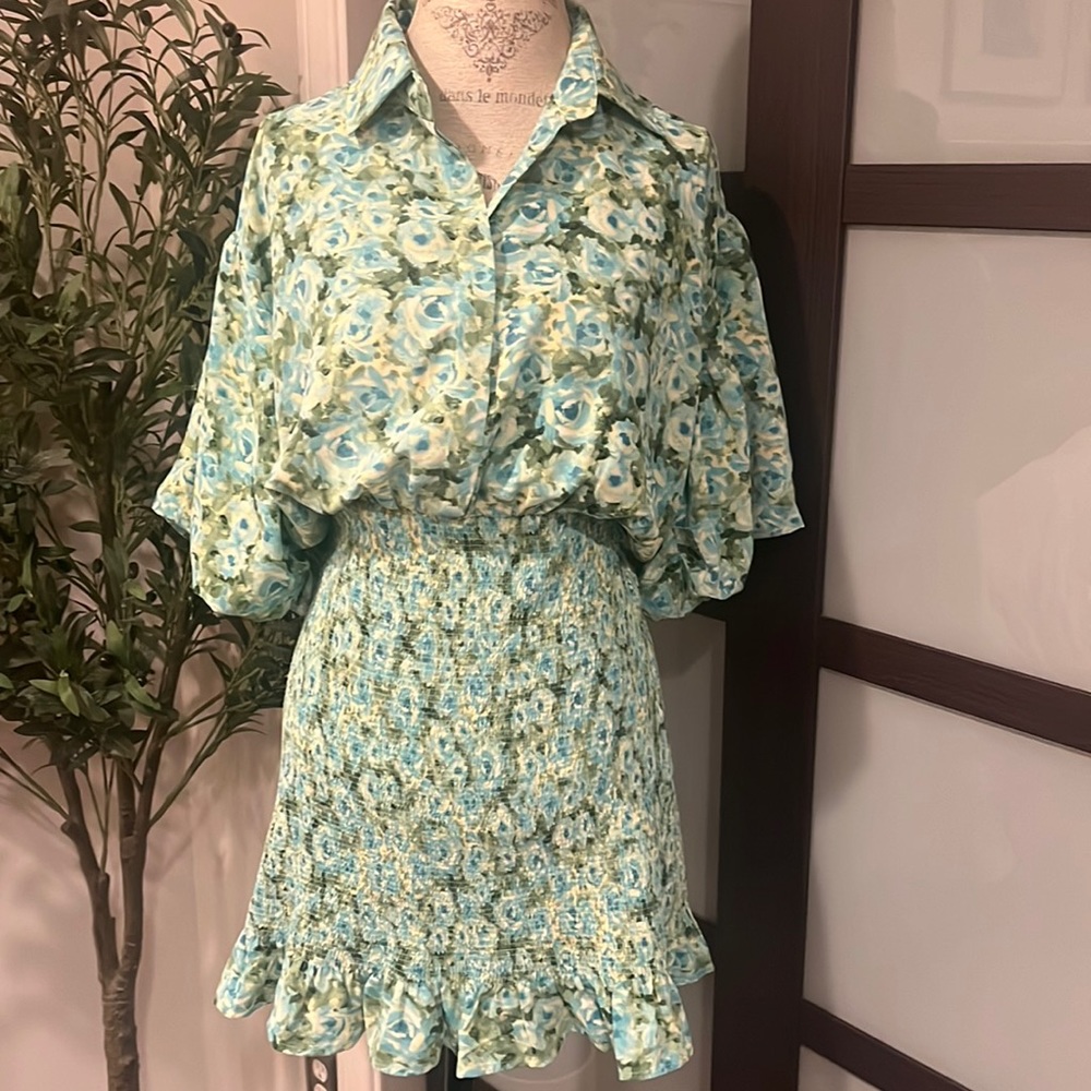 Luxxel Green and Blue Ruffled Tiered Mini Dress